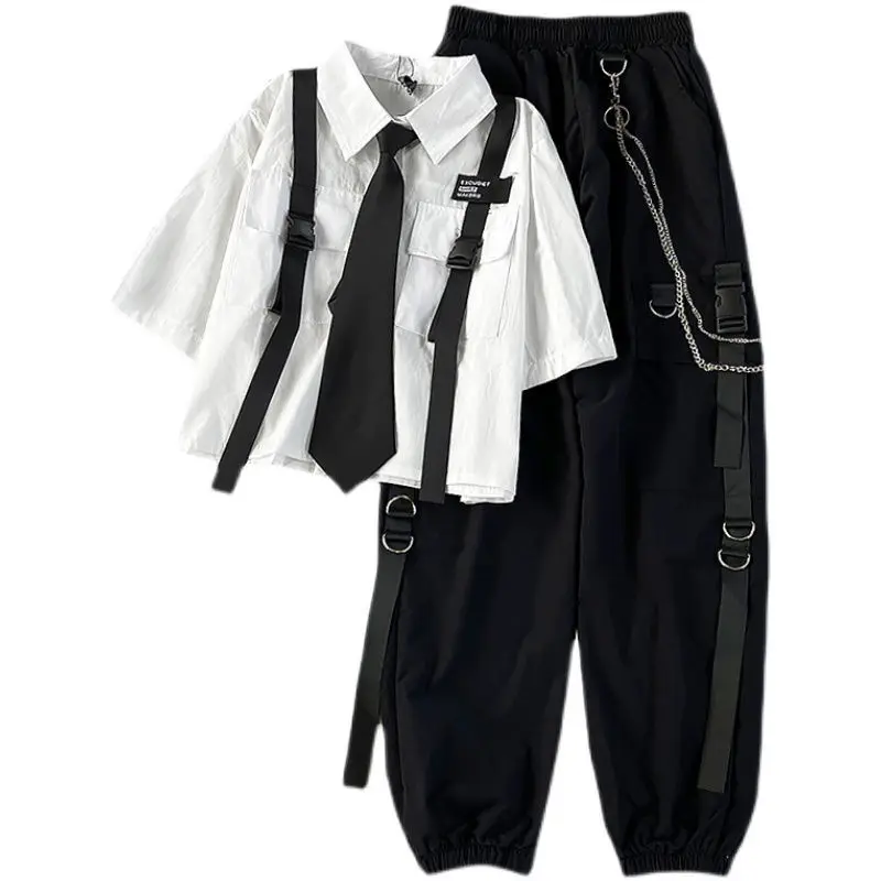 Fashion Cargo Pants Suit Female Harajuku Casual Shirt Short Sleeved Top High Waist Loose Joggers Trousers