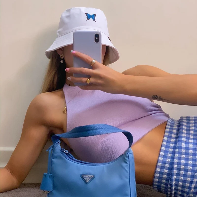 New Fashion Women Ladies Butterfly Embroidered Fisherman Hat Simple Visor Caps Outdoor Casual Sun Hat Bucket Hats White Color