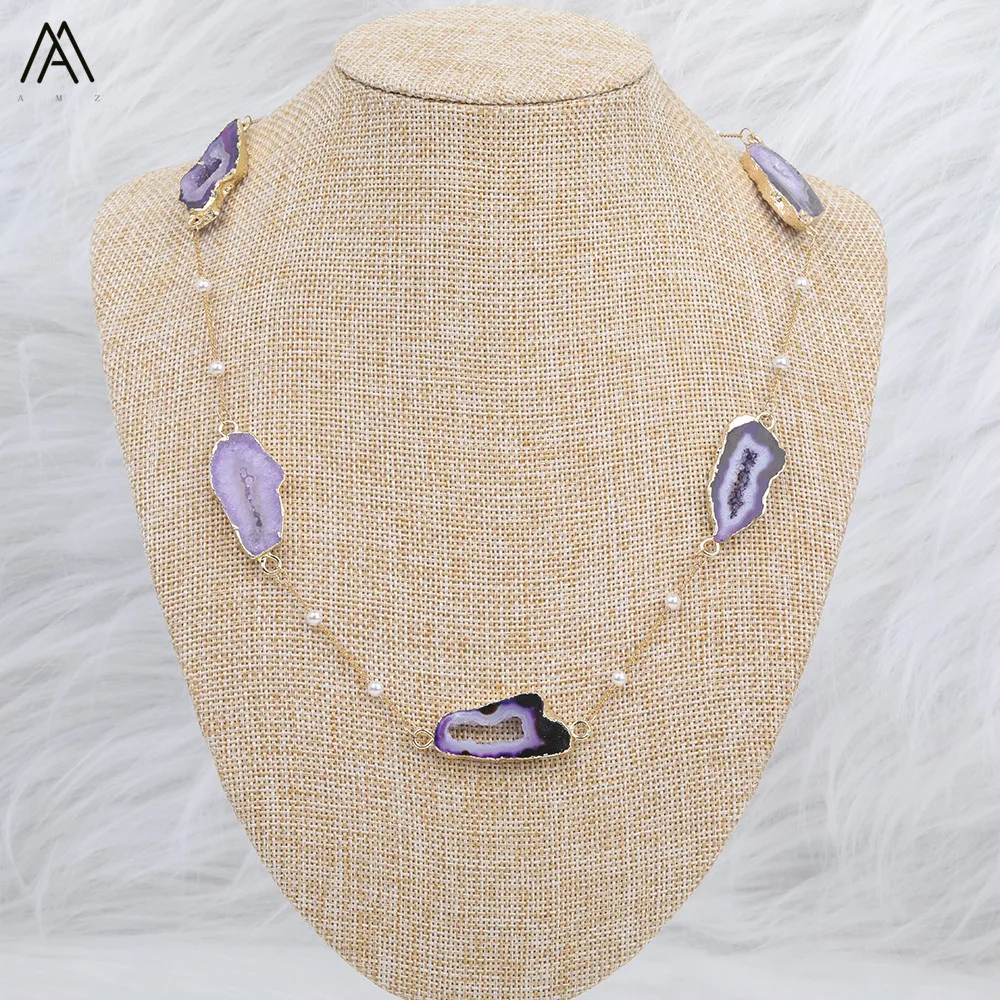 Модные женские круглые бусины барочного жемчуга Druzy Geode Agates золотое ожерелье для
