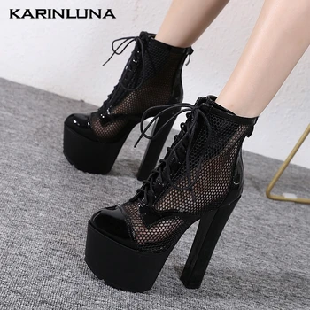 

Karinluna 2020 women shoes Ultra High Heels 16 cm Ankle Boots Platform Cross-tied net Patchwork Round Toe Female Boots
