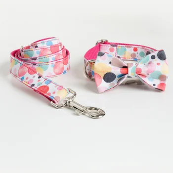

OLN Personalized Dog Collar and Leash Set Bow-knot Small Medium Large Dog Pet ID Collar Lead Flower Print Dog Engraved Collars
