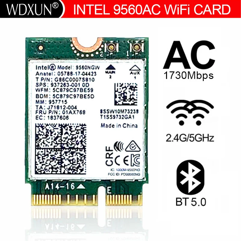 WDXUN New Dual-Band Wireless AC 9560 9560ac ac9560 for Intel 9560ngw 802.11ac  2.4G / 5G 2x2 Wi-Fi Card Bluetooth 5.0 NGFF /M.2 best wifi adapter for pc