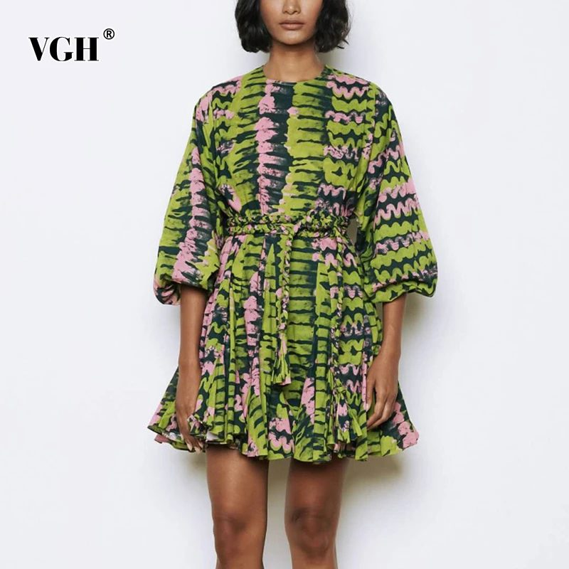 Женское винтажное хит разноцветное платье VGH с круглым вырезом длинными