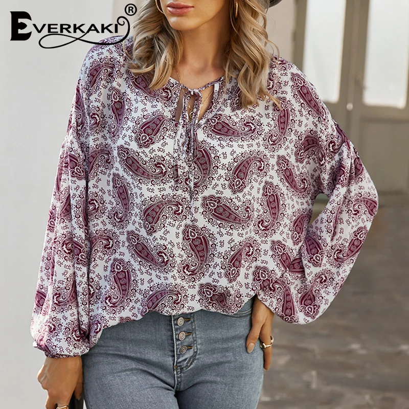 

Everkaki Ethnic Print Blouse Tops Women Cotton&Polyester Loose Lady Boho Shirts Blouses Ropa Mujer Female 2021 Spring Summer New