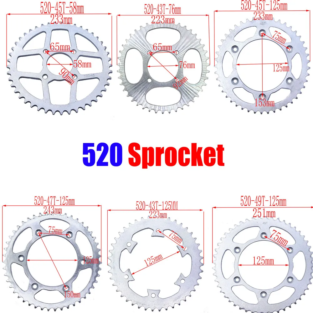 

520 Chains 43T/45T/47T/49T Motorcycle Chain Sprockets Rear Back Sprocket For ATV Quad Pit Dirt Bike Motorcycle Motor Moped