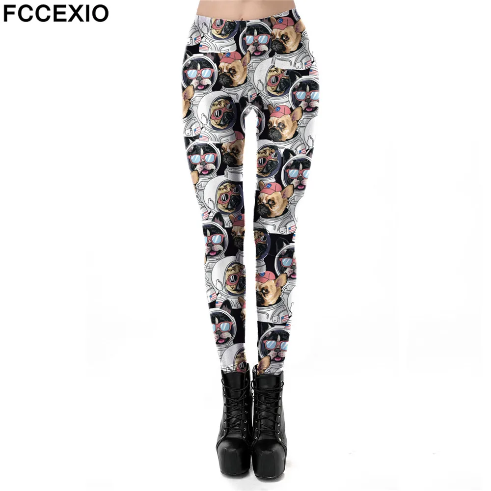

FCCEXIO Women Leggings 3D Space Pug Print Tights Sexy Hip Lift Sports Pants Casual Trousers Push Up Fitness Leggings