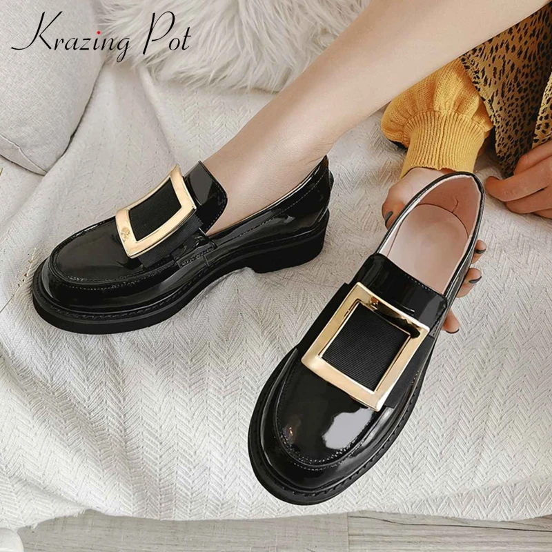 

Krazing pot hot fashion metal crystal square buckle decorations genuine leather shoes round toe med heels women modern pumps L86