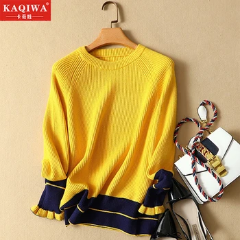 

Spring new Korean women's short solid color bunch cuff loose round neck Pullover Sweater women's top Pullover