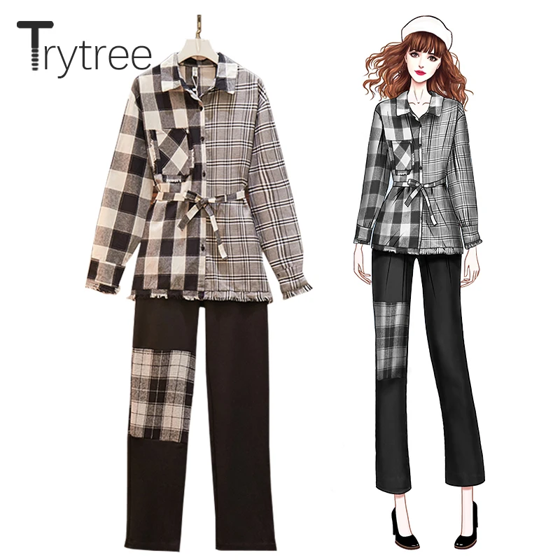

Trytree 2019 Autumn Two Piece Set Casual Women Asymmetrical Plaid Belt Top + Pants Ankle-Length Pockets Office Lady 2 Piece Set