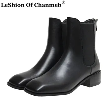 

Large Size 43 Natural Cow Leather Chelsea Boots Woman Zipper Square Heeled Short Boot Women Black Booties Autumn Winter Footwear