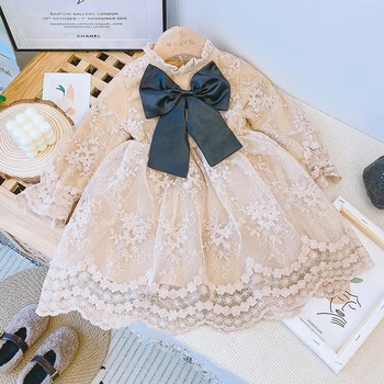 

Kids Dresses For Girls Lace Tulle Dress Wedding Girls Ceremony Party Birthday Dress Children Autumn Clothing with Big Bow 2-7Y