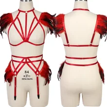 Красное Перо Epaulett крылья фестиваль Сексуальное белье Комплект Хэллоуин обмотка лямочный предохранительный Пояс перо подвязка Косплей клуб рейв одежда