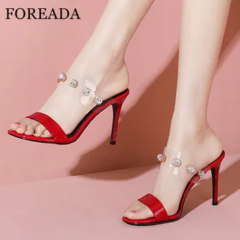 

FOREADA Real Leather Slides Transparent Extreme High Heels Crystal Slippers Stiletto Heel Sandals Ladies Shoes Summer Red White