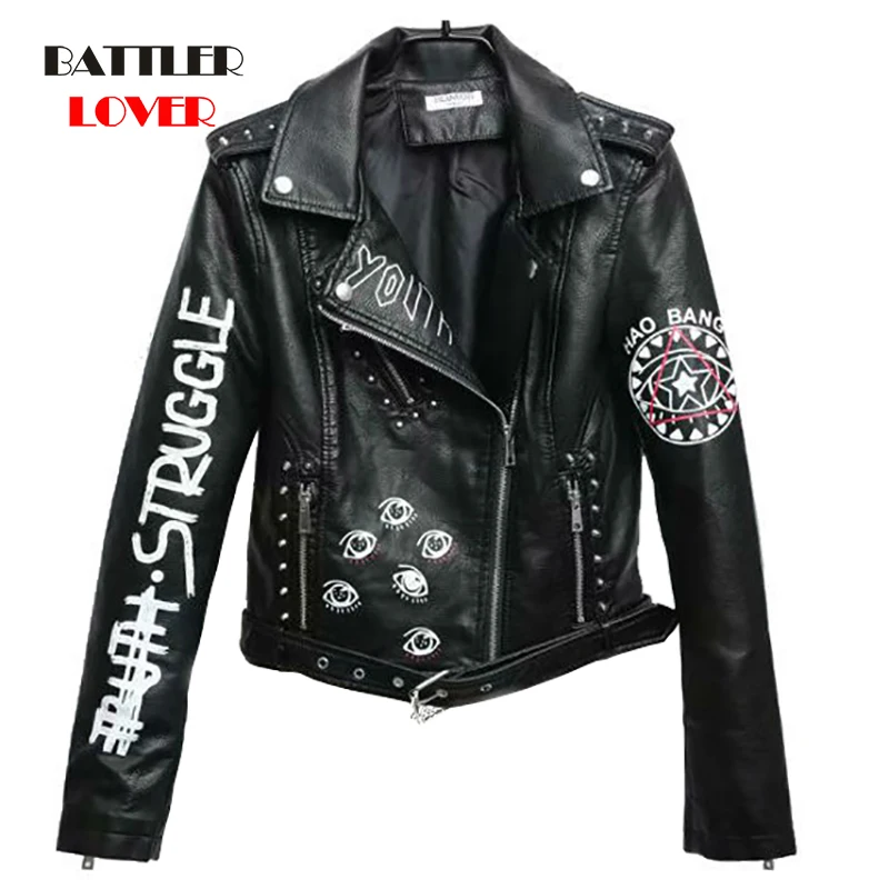 2020 New Women Autumn Winter Soft Split Leather Jackets Coat Lady Black Punk Rivet Zipper Epaulet 3D Print Motorcycle Streetwear