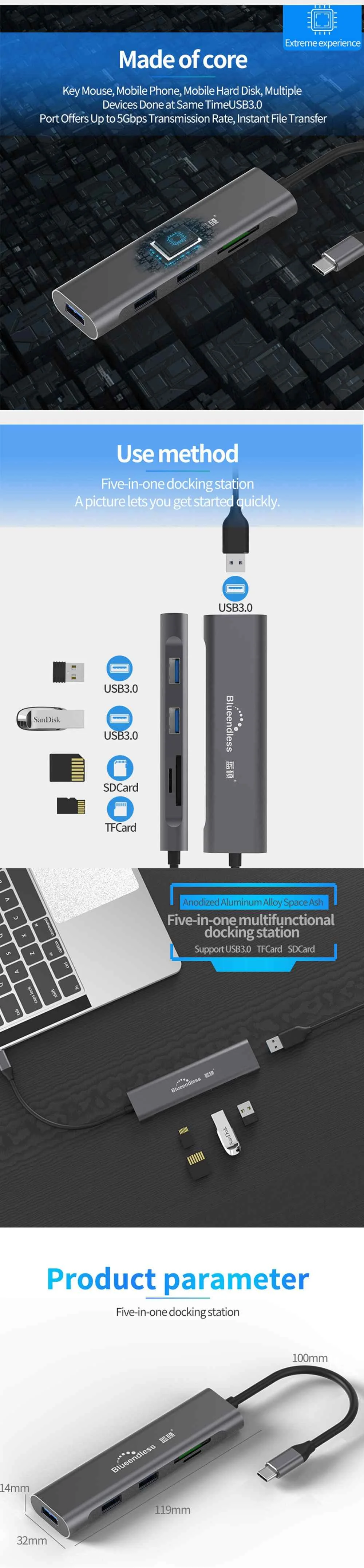Blueendless usb type C HC501/HU501 разветвитель 5 портов usb type-C концентратор Мульти USB 3,0 HDMI адаптер для ноутбука Pro Аксессуары usb-хаб