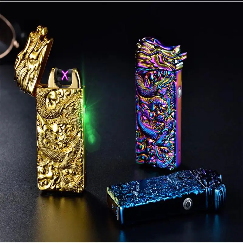 

Chinese Dragon Relief Double Arc Usb Lighter Plasma Windproof Electric Lighter Punk Style Metal Flameless Cigarette Lighter