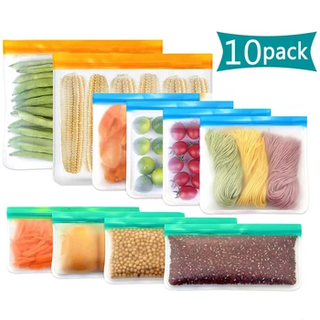 

10Pcs Reusable PEVA Silicone Food Storage Bag Freezer Bag Leakproof Top Zip Lock Bags Kitchen Organizer Fresh-keeping Bag