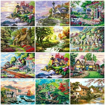 

HUACAN DIY Painting By Number House Drawing On Canvas Coloring By Numbers Scenery Hand Painted Paintings River Home Decor