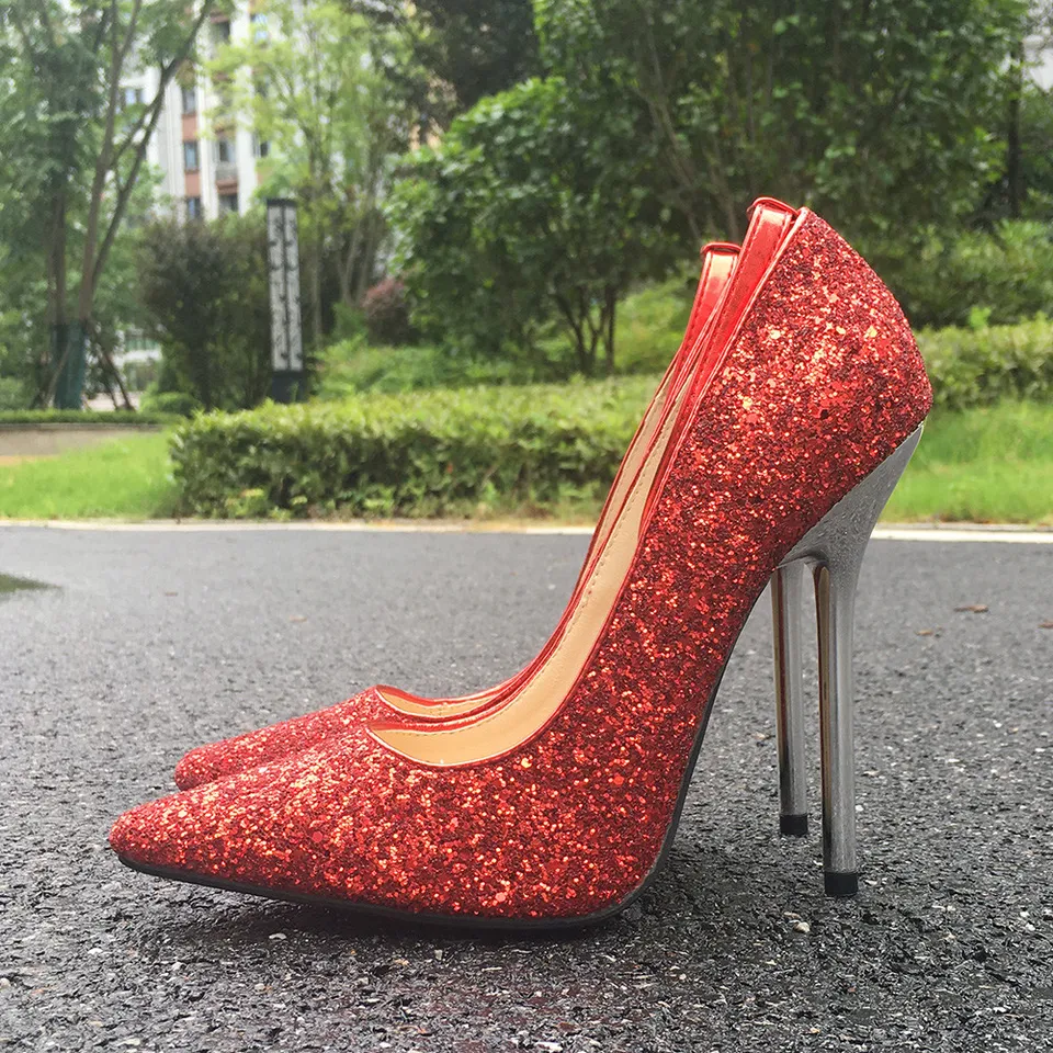 red sequin pumps