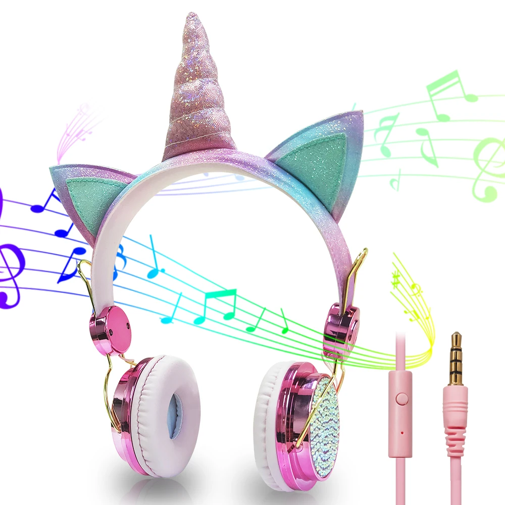 Cute Headphones children's headset color electroplated unicorn earphone mobile computer universal with Mic Headset for girl gift