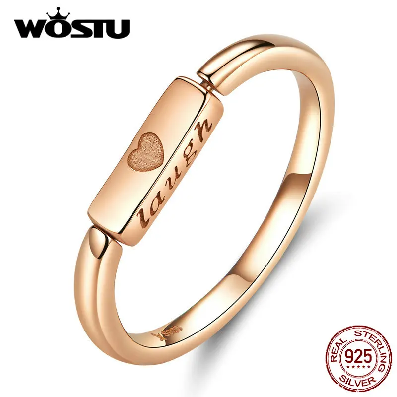 

WOSTU 100% Real 925 Sterling Silver Golden Color Rings Noble Rectangle With Laugh & Love Rings For Women Jewelry Making BKR587
