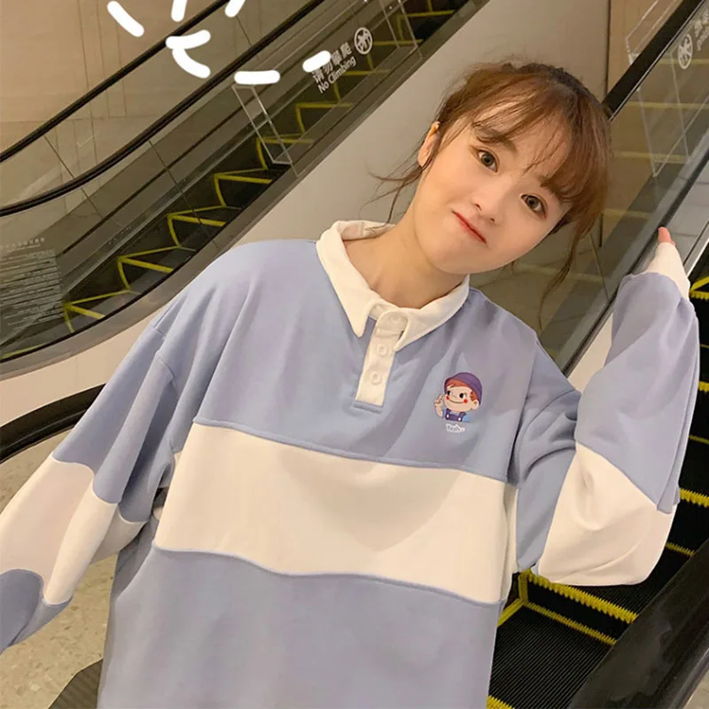 Весна с отворотами сшивание милые kawaii свободная повседневная одежда Осень Harajuku негабаритных с длинными рукавами грудь мультфильм печати женская футболка - Цвет: Синий