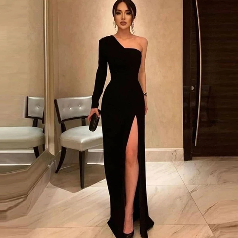 Simple Satin  Black Mermaid Evening Dress Long Sleeves 2021 One-Shoulder Side High Split Formal Long Prom Dress Custom Made red evening gowns