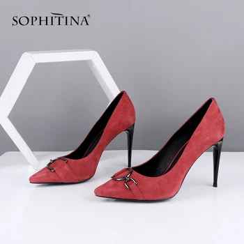 

SOPHITINA New Fashion Women Pumps Pointed Toe Thin Heels High Red Belt Metal Decoration Solid Shoes Kid Suede Mature Pumps SC673