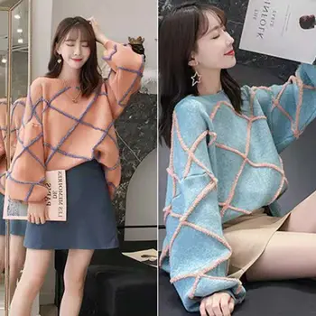 

Autumn Winter Korean Knitting Sweaters Women Pullover 2020 Lattice Loose Sweaters Female Casual Knit Pullover Knitwear Female