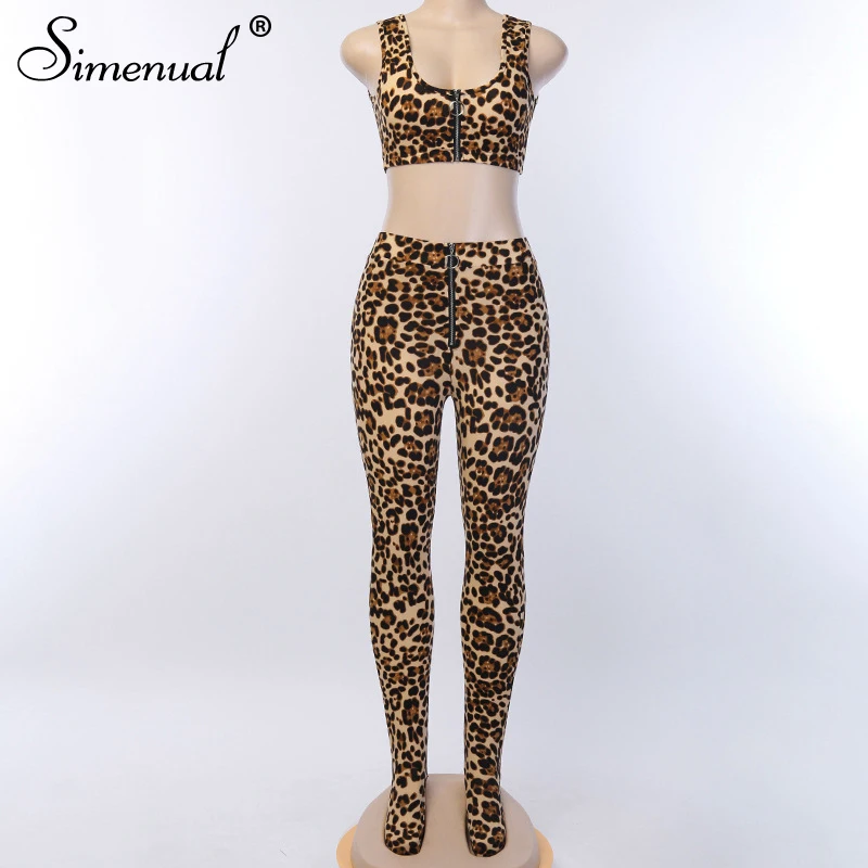 leopard Simenual, Леопардовый, на молнии, сексуальный, модный, женский, без рукавов, для фитнеса, спортивный, 2 предмета, комплект для тренировок, майка и штаны - Цвет: leopard