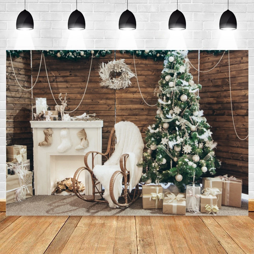 

Merry Christmas Tree Fireplace GiftDecoration Baby Child Portrait Photo Backgrounds Photography Backdrop for A Photo Studio