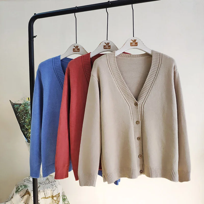 

Women Outerwear Sweaters Autumn Winter Korean Fashion Slim V-neck Knit Cardigans Long Sleeve Single Breasted Cardigan