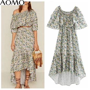 

AOMO fashion women floral print maxi dress off shoulder short sleeve boho style beach long dress vestidos XN453A