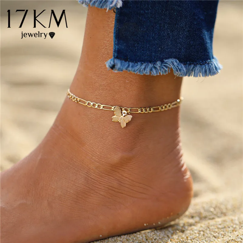 17KM-tobilleras de cadena de mariposa chapadas en oro para mujer, tobillera de playa pulsera de tobillo con cuentas, regalos pie, joyería