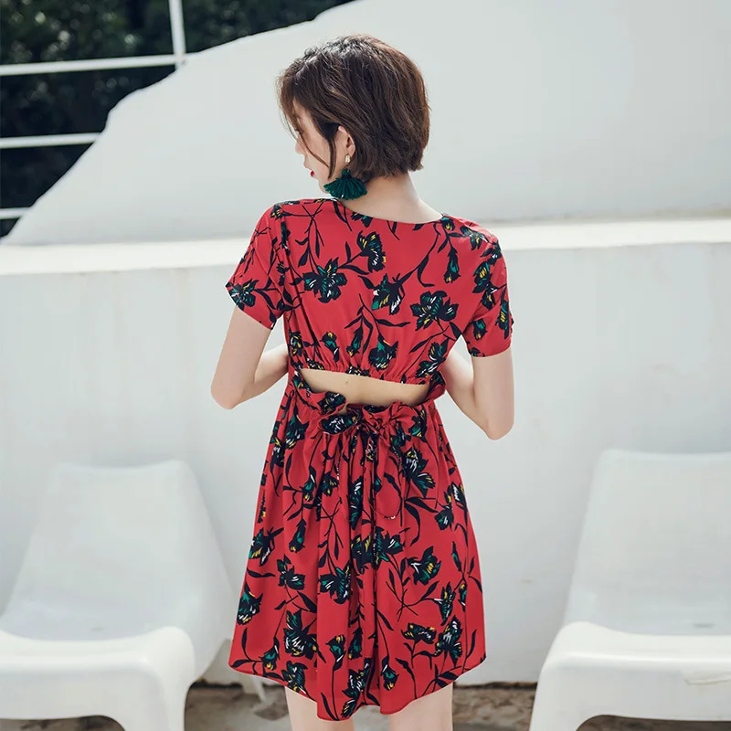 

V-neck Short Sleeve Floral Printed Dress Women's Slimming Seaside Holiday Beach Skirt