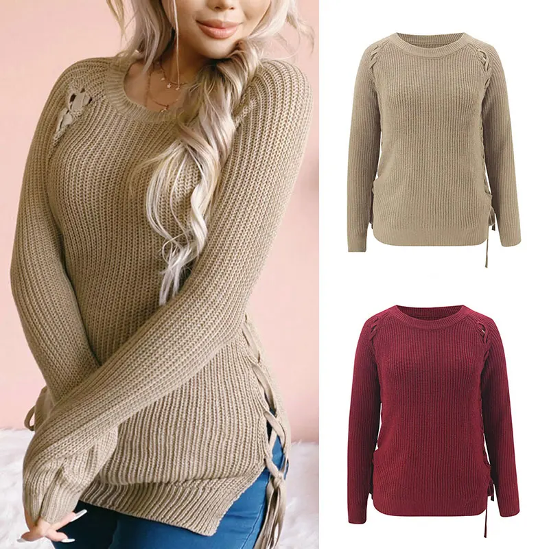 

Knitted Pullover Sweater Casual Crew Neck Lace Up Soild Warm Slim Fit Long Sleeve Winter Tops Fashion Sweater Women Jumpers