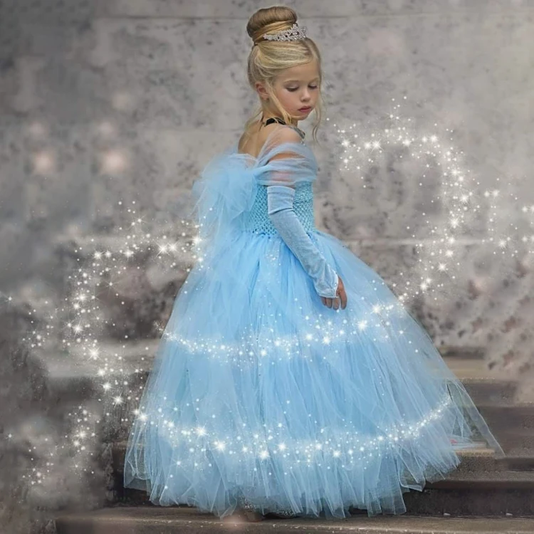 Сетчатое газовое платье принцессы с перчатками; одежда для выступлений; праздничное платье; голубое фантазийное платье принцессы