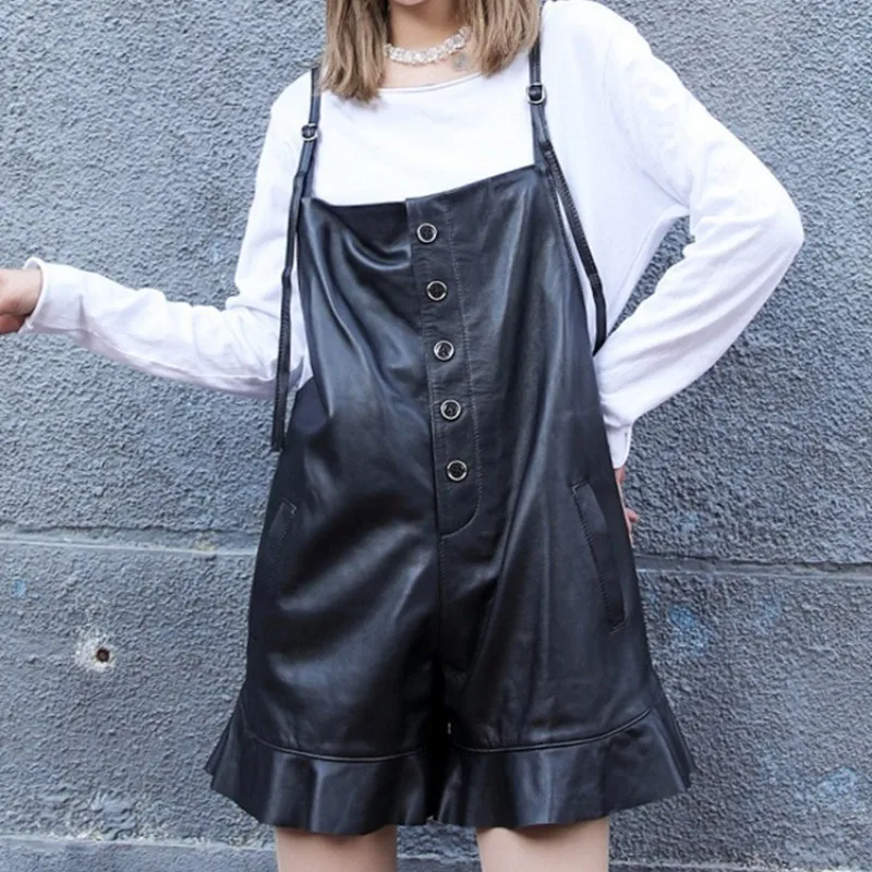 Harajuku Women Loose Fit Ruffles Overalls Sheepskin Genuine Leather Straps Shorts Casual Streetwear Female Wide Leg Flare Shorts