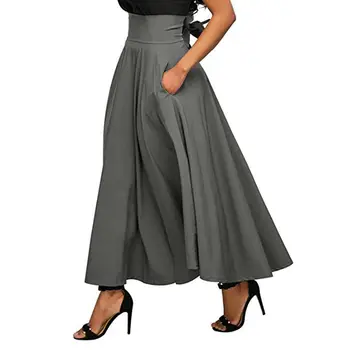 

Women High Waist Flared Pleated Skirts Long Swing Gypsy Maxi Skirt Femme Full Length Skirts With Pockets