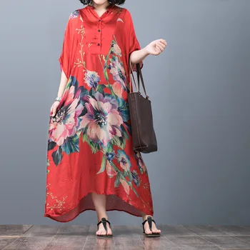 

Casual Women Printed Dresses Loose Short Sleeve Stand Collar Silk Dress Retro Button National Style Long Dress Sling Two Pieces
