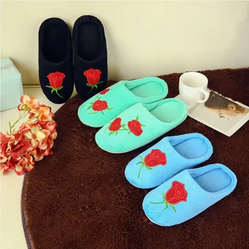 

Fashion Women Slippers Non-Slip Plush Rose Flower Embroidery Slipper Home Warm Ladies Comfort Indoor Shoes For Bedroom H