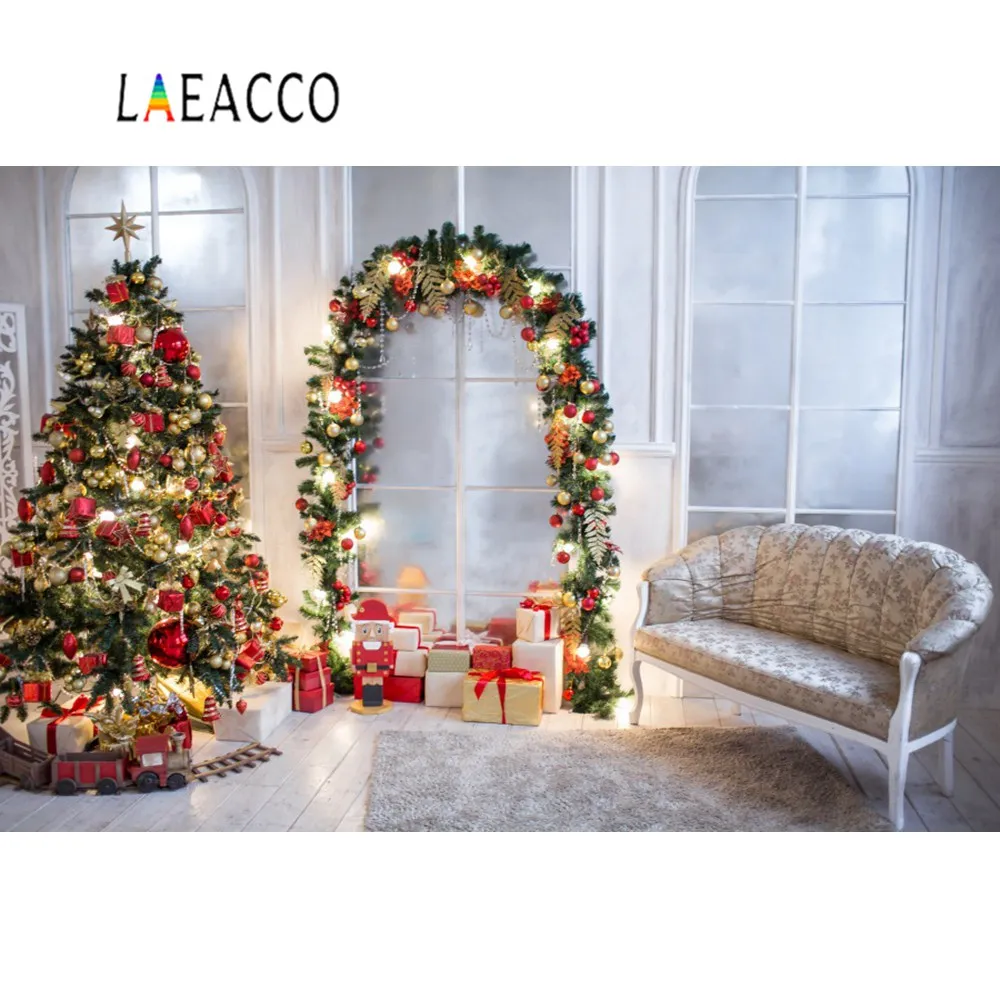 Laeacco Рождественская елка Декор подарок АРКА двери сосновый венок диван Детские Фото фоны фотографии фоны для фотостудии