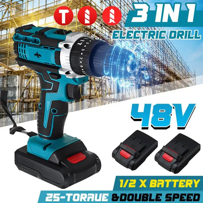 

Cordless Drill Electric Screwdriver Drill 25+3 Torque Electric Hammer Impact Drill Power Tools With 2Pcs Lithium-Ion Battery