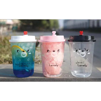 

50pcs Cute 500ml Transparent disposable milk tea cup party favor coffee drink cup takeaway packaging plastic cups with lids