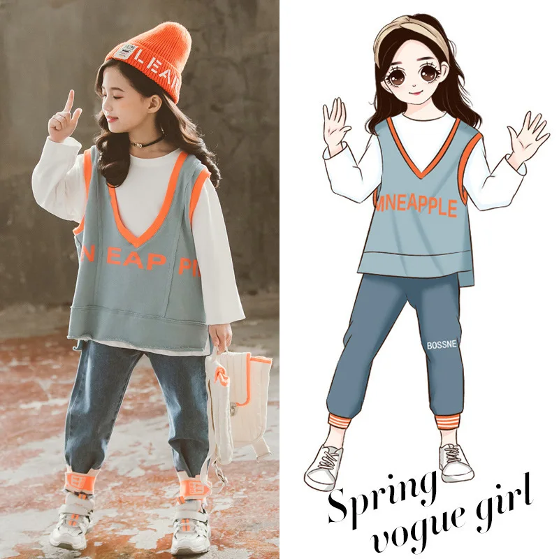 

Teenage Girls Clothing Sets 2020 Autumn Vest T-shirts Jeans 3pcs Suit for Girls Clothes School Fashion Kids Costume 12 14 Year