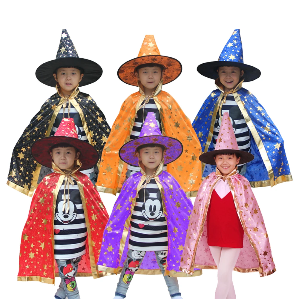 Children Cute Halloween Costume Wizard Witch Cloak Cape Robe Hat for Boy Girl 