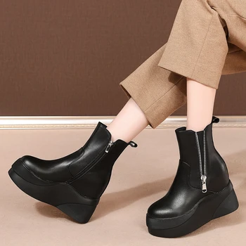 

Brand New Platform Great Quality Height Increasing Zipper Ankle Boots Genuine Leather Stylish Winter Shoes Boots Women
