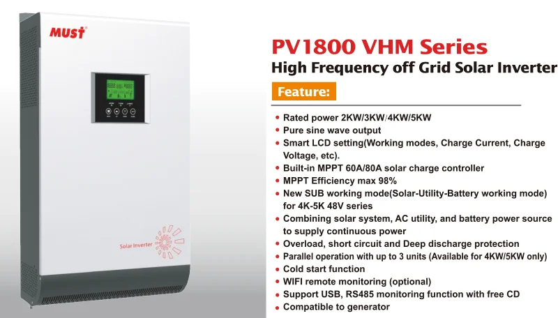 MUST hybrid off grid  solar power inverter 3000w  MPPT  solar charge controller 80A dc 24v to AC 230v  50HZ 60HZ