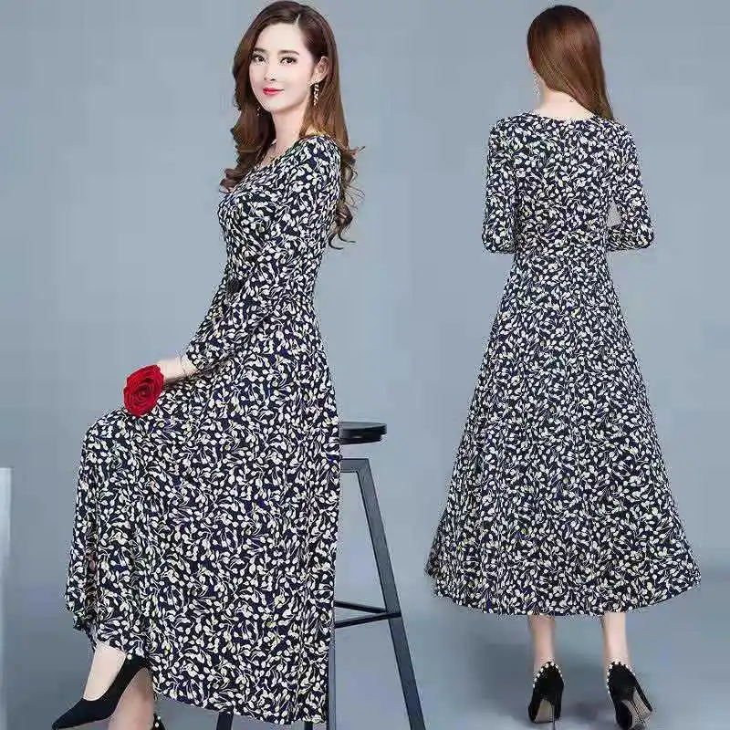 

Autumn Dress Women's 2019 New Style Korean-style Slim Fit Elegant Long over-the-Knee Printed Waist Hugging Big Hemline Middle-ag