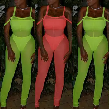 

US Sexy Women Sling Sleeveless Backless Mesh Perspective Bodycon Club Jumpsuit